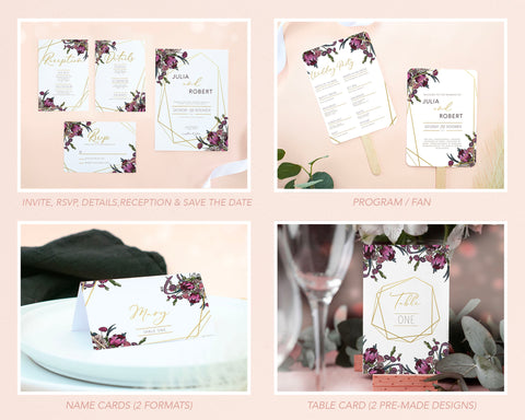 Boho Flowers - Wedding Bundle Self Editing Templates